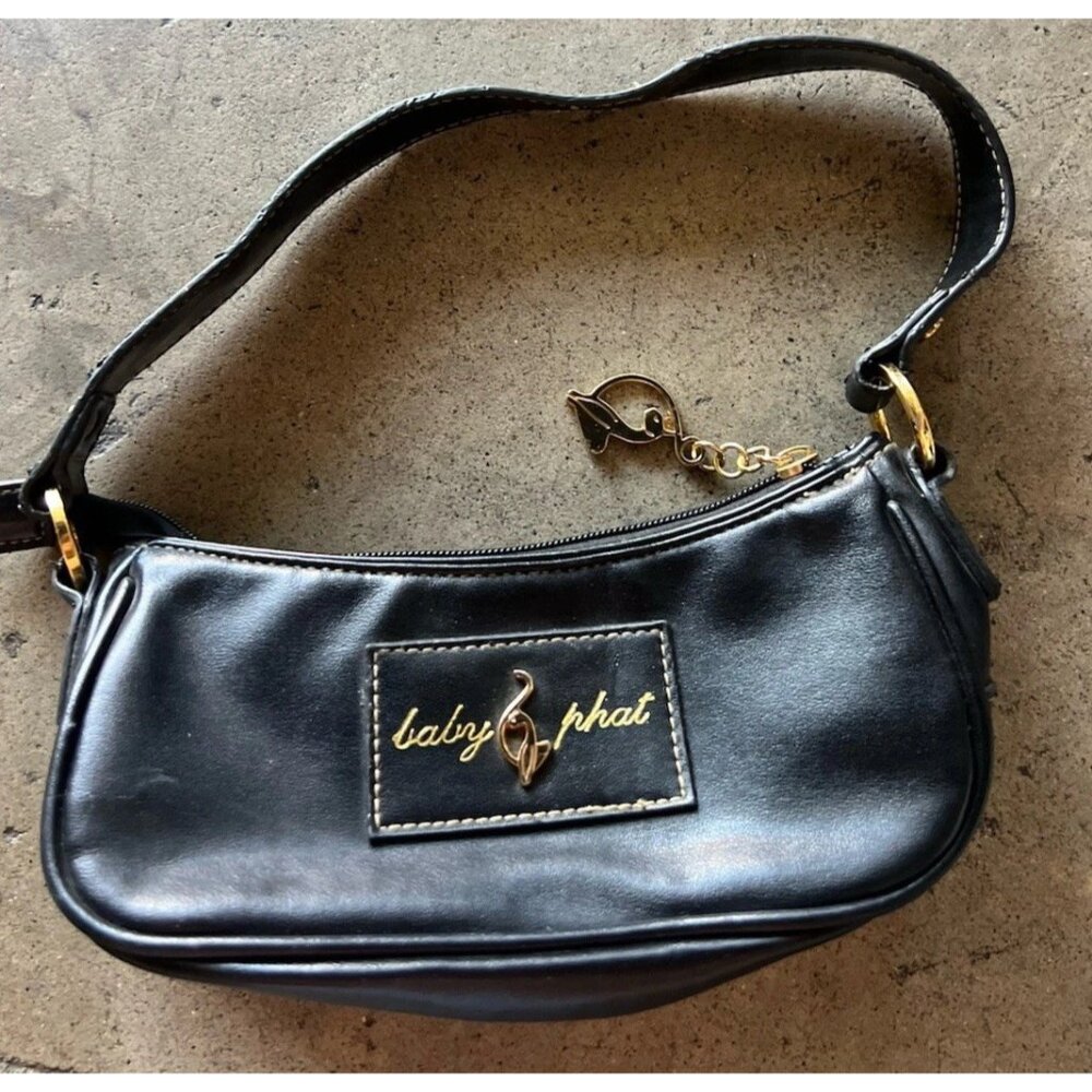 Vintage Baby Phat Mini Shoulder Handbag Black Leather Stone Logo Gold Charm RARE